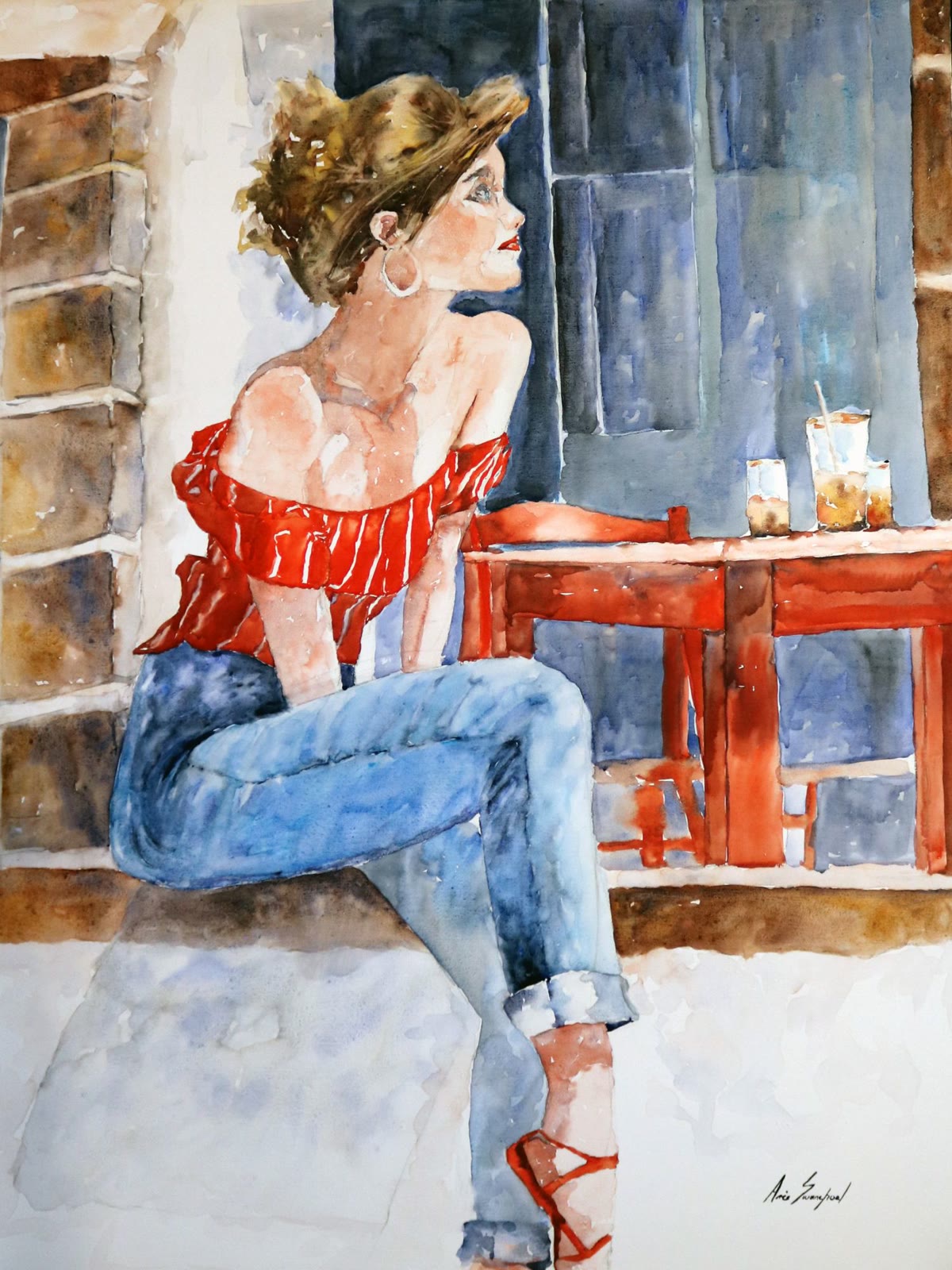 Afternoon at the Café, large watercolour of a woman in a red off-shoulder top and blue jeans sitting beside a red café table with iced drinks, by Arie Swanepoel
