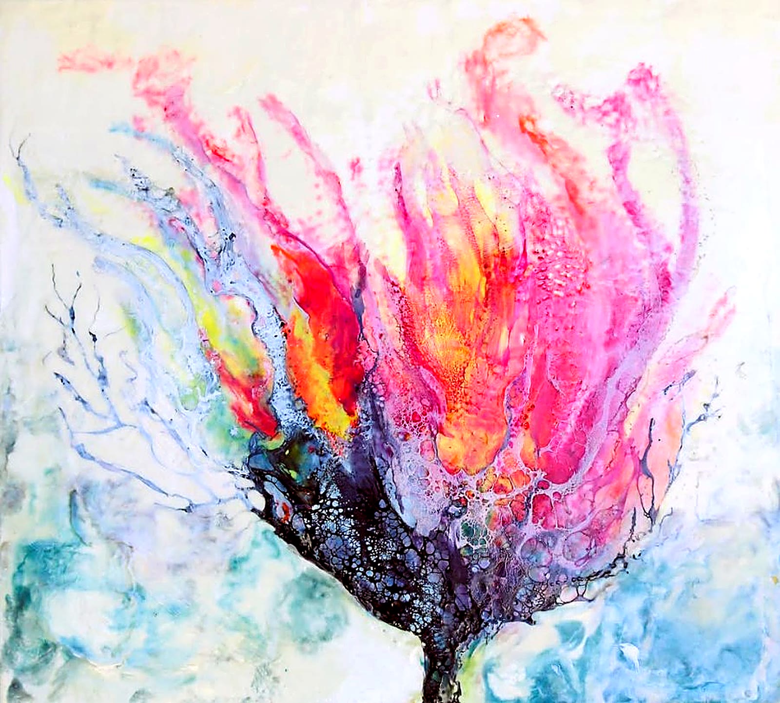 Bloom of Fire, encaustic painting of a flame-like flower in pink, orange and violet over pale blue, by Arie Swanepoel