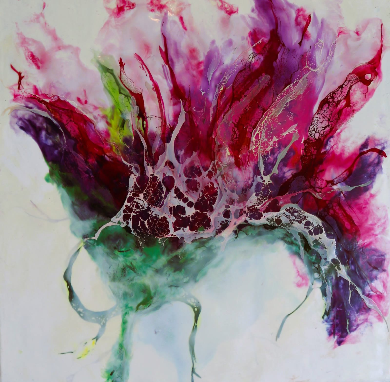 Crimson Crown, encaustic painting of a crimson, magenta and violet flower rising from a crown of white wax lace over cool green roots, by Arie Swanepoel