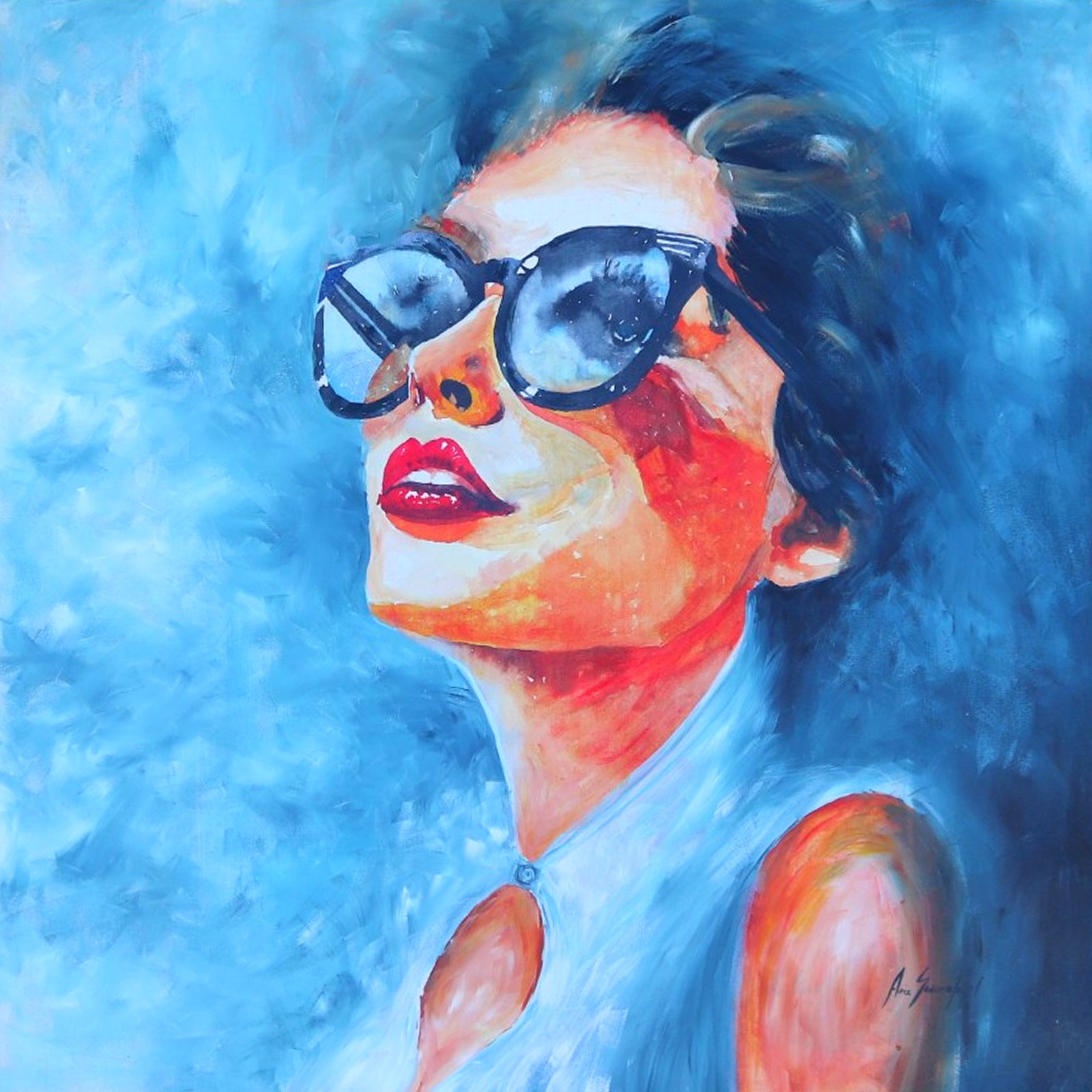 Facing the Sun, large watercolour portrait of a woman in dark sunglasses and red lips, face lifted to the light against a loose blue background, by Arie Swanepoel