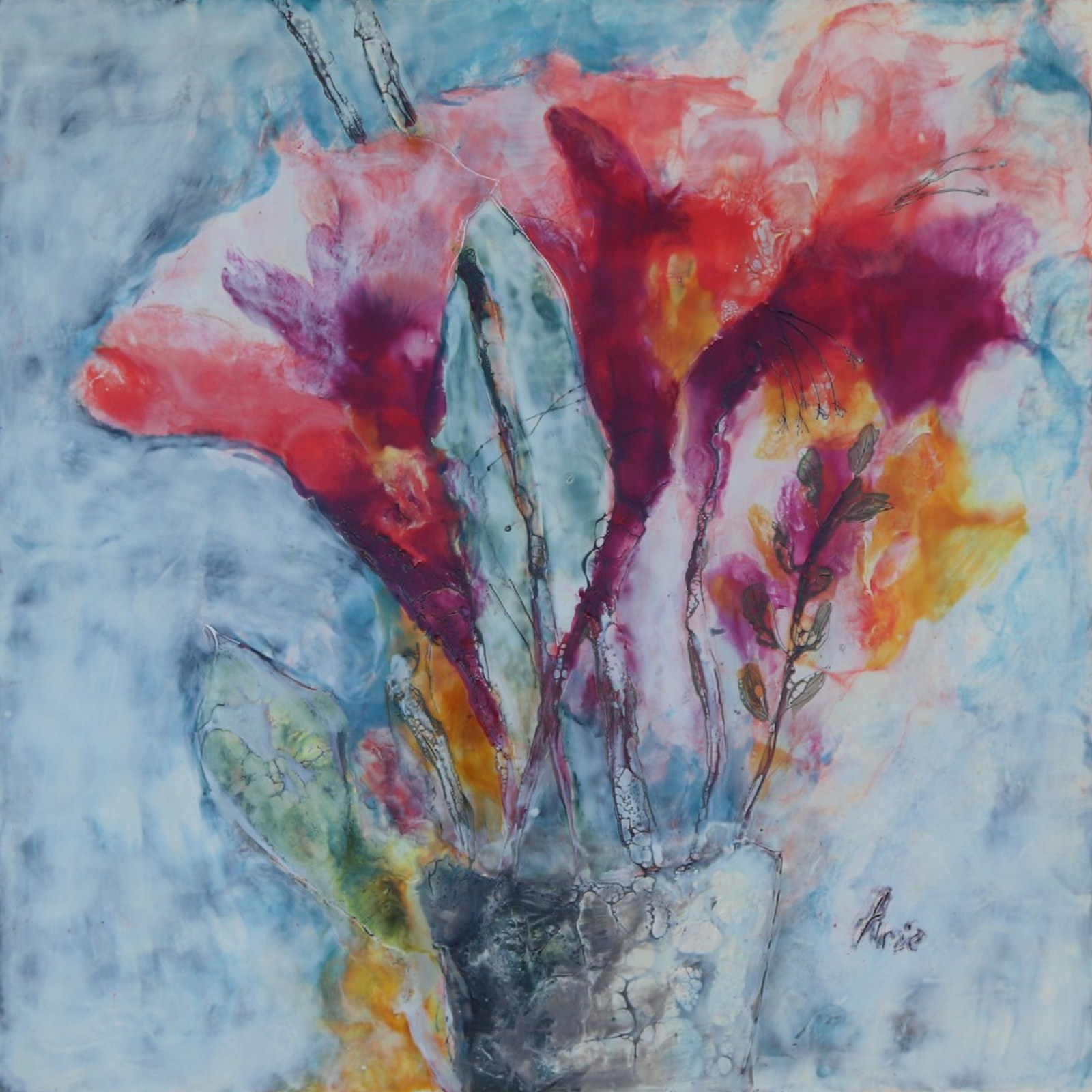 Lilies in Wax, encaustic painting of red and magenta lilies with green leaves in a grey stone pot against a cool blue and white background, by Arie Swanepoel
