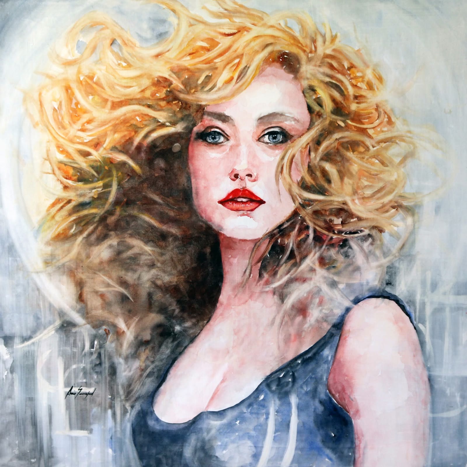 A Portrait of Exceptional Beauty, watercolour portrait of a woman with windswept golden hair and red lips, by Arie Swanepoel