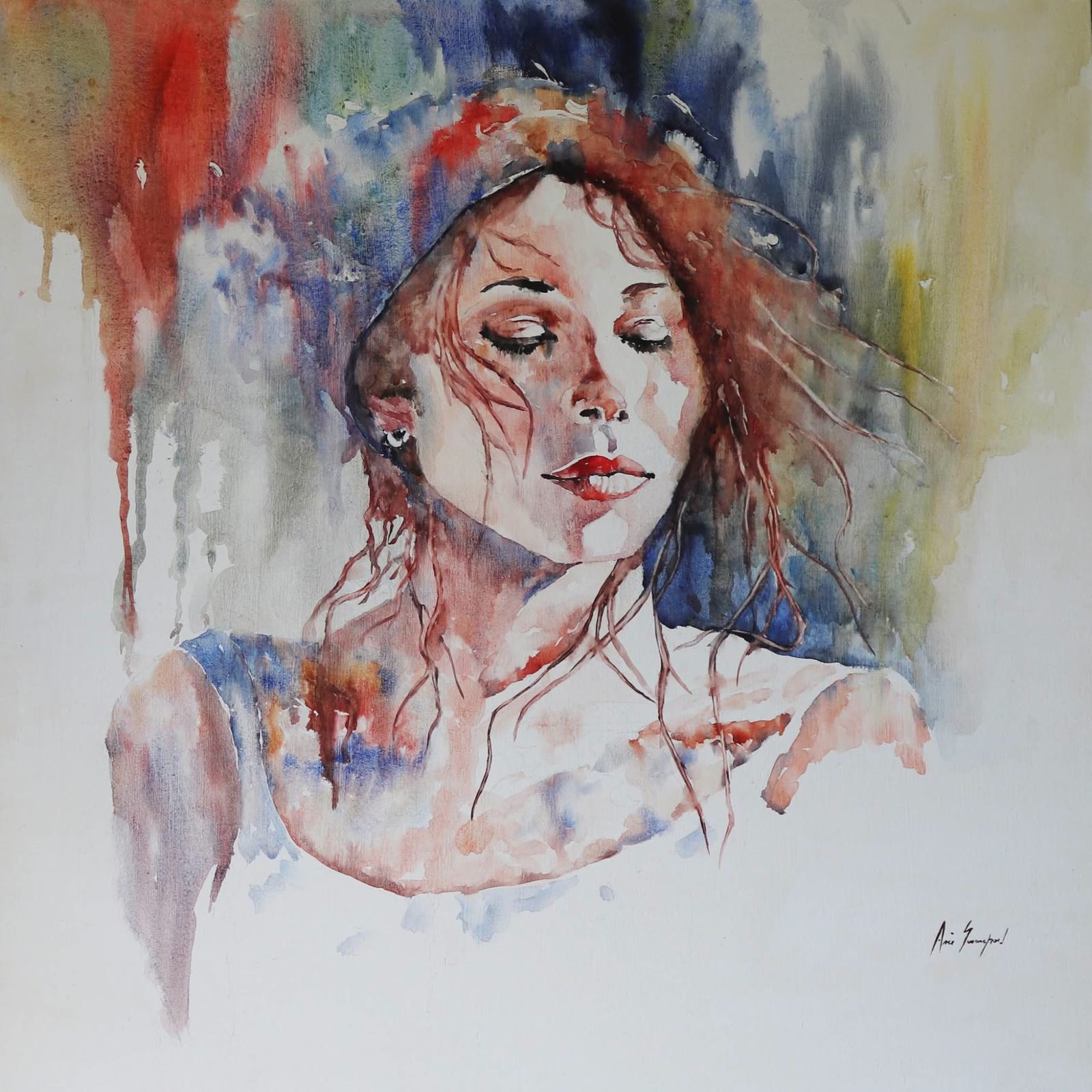 Quiet Rain, large watercolour portrait of a woman with closed eyes and auburn hair, washes of red, blue and ochre running down around her, by Arie Swanepoel